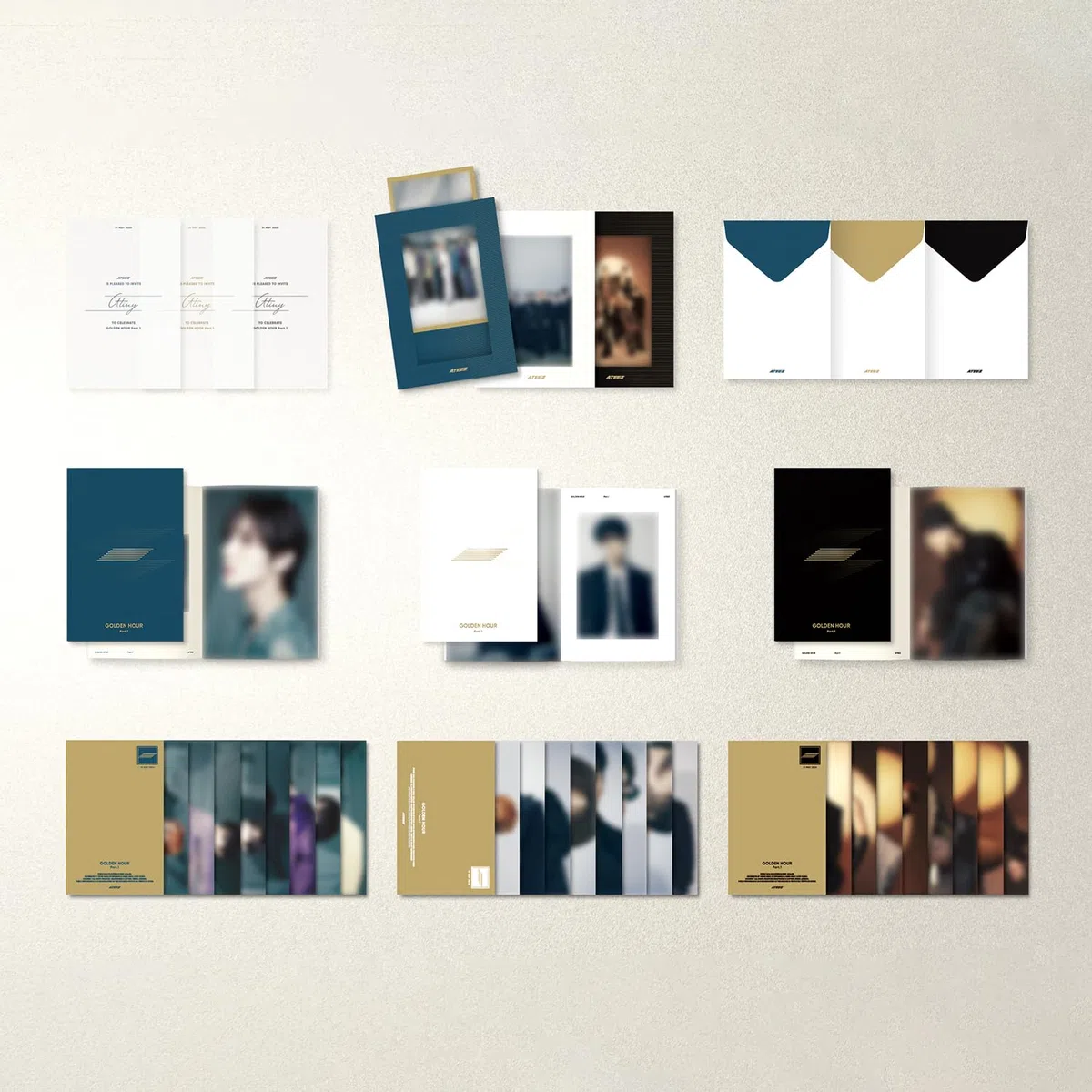 ATEEZ - [GOLDEN HOUR : Part.1] (DIARY Ver.) Invitation + Photo Frame + Postcard Set + Envelope + Photobook + Postcard + Photocard + Sticker + Bookmark + Disc + 2 Pin Badges + 4 Extra Photocards