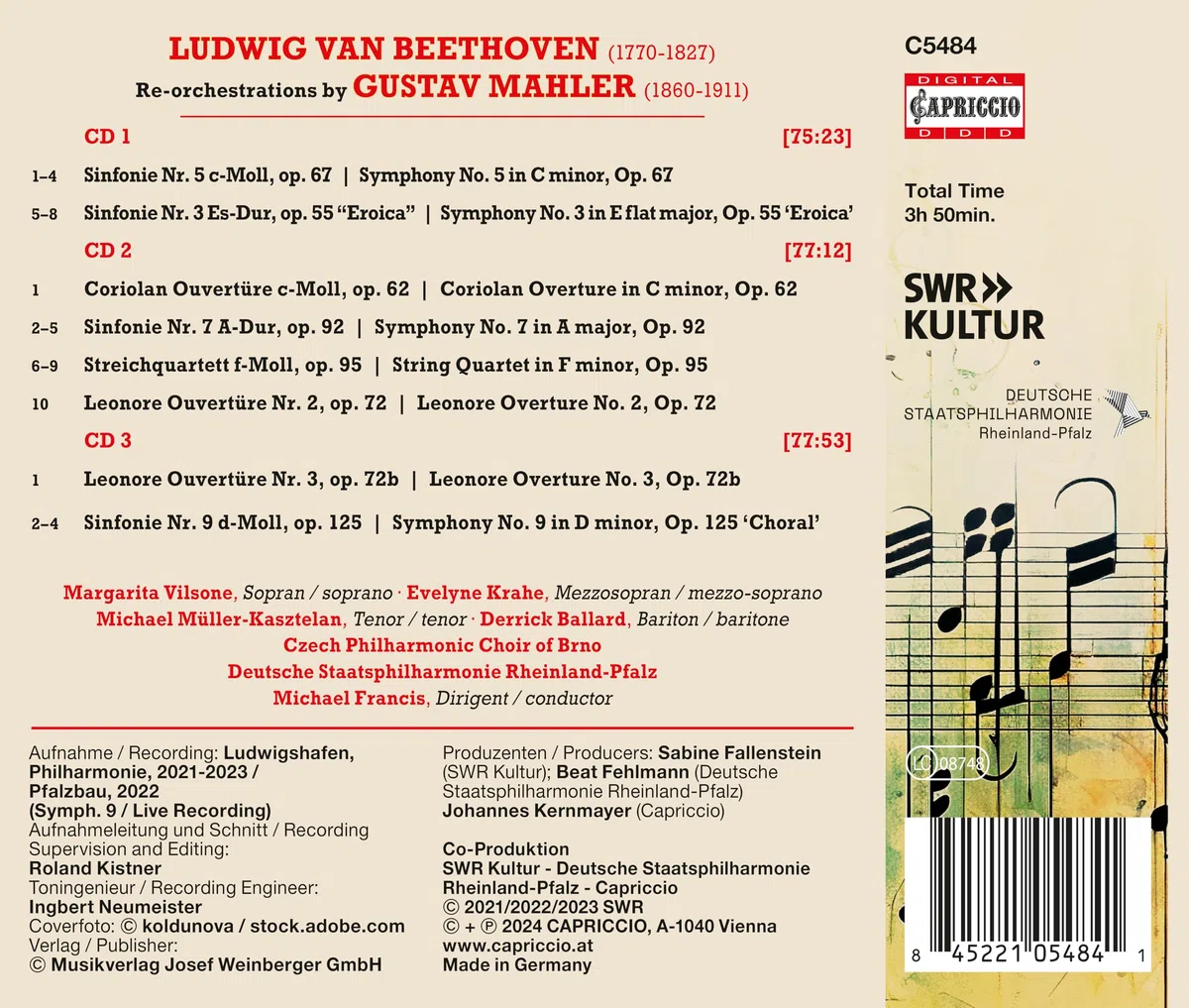 Ludwig van Beethoven: Symphonies Nos. 3, 5, 7 & 9; Coriolan; Leonore Overtures; String Quartet Op. 95 - The Mahler Re-Orchestrations
