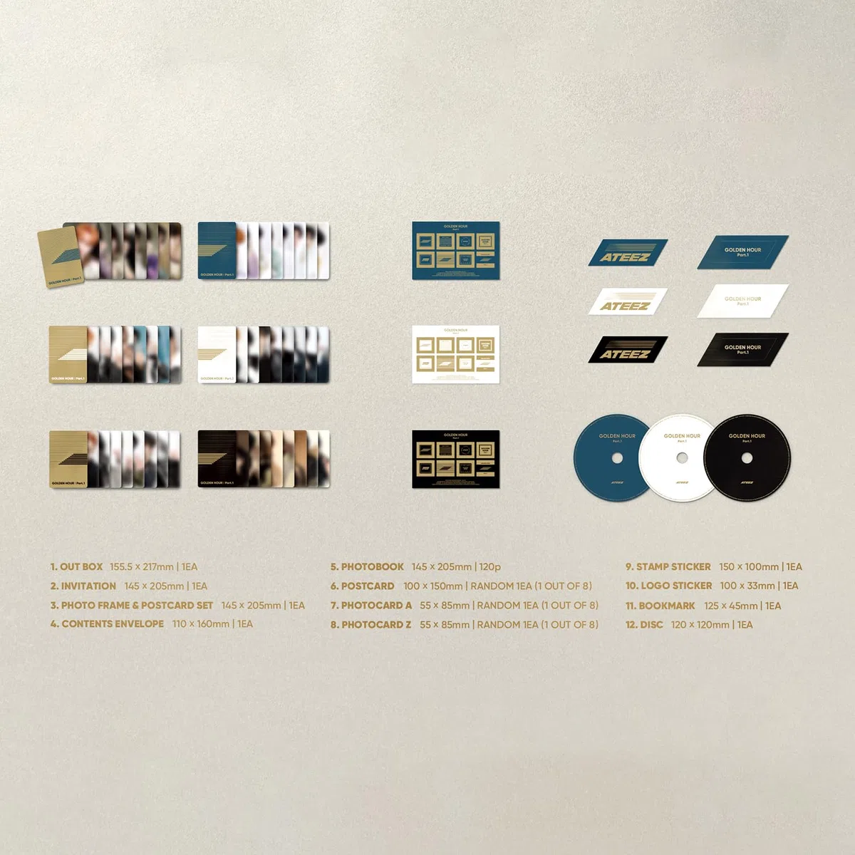 ATEEZ - [GOLDEN HOUR : Part.1] (DIARY Ver.) Invitation + Photo Frame + Postcard Set + Envelope + Photobook + Postcard + Photocard + Sticker + Bookmark + Disc + 2 Pin Badges + 4 Extra Photocards