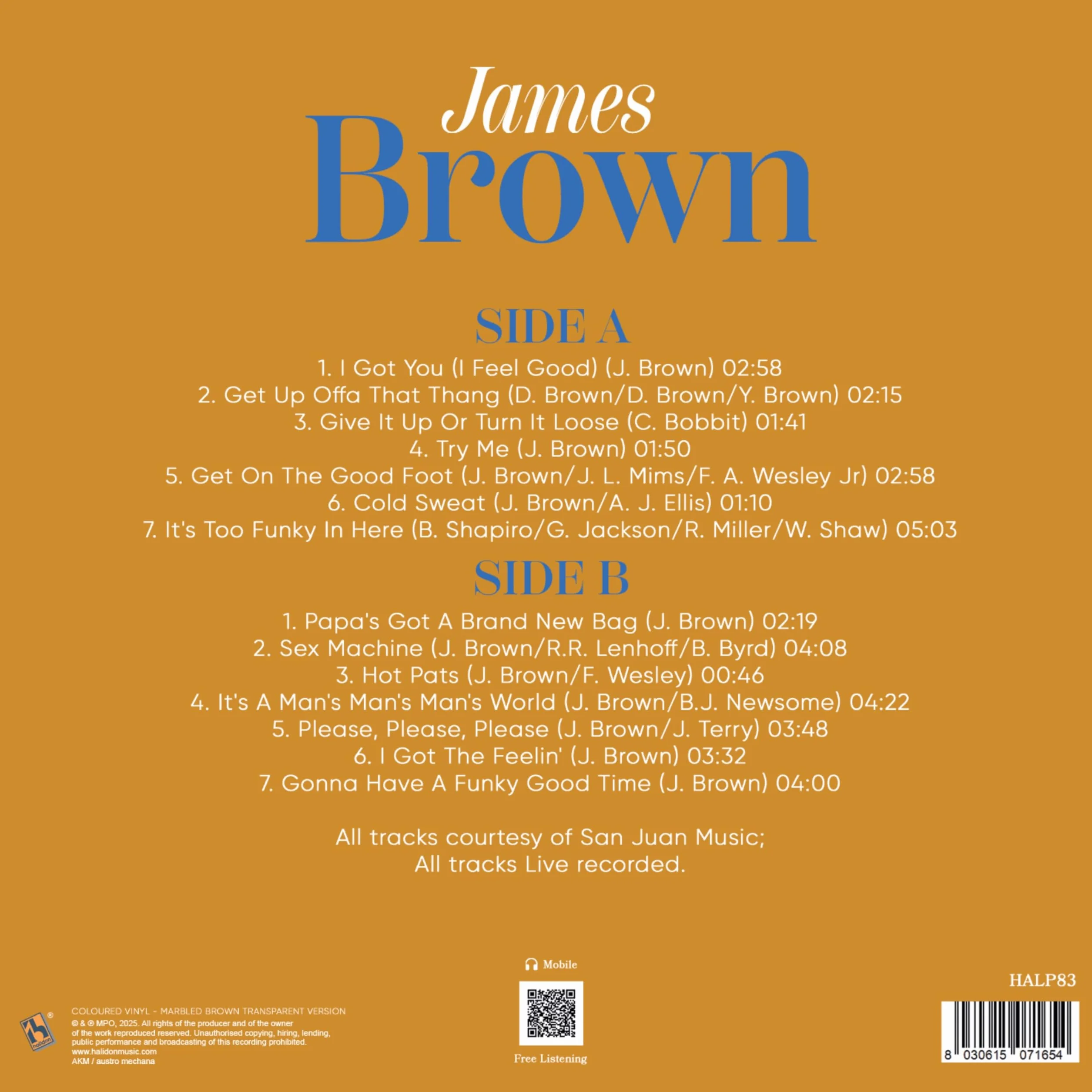 James Brown Vinile Colorato, Marrone Marmorizzato Trasparente , Live Performance